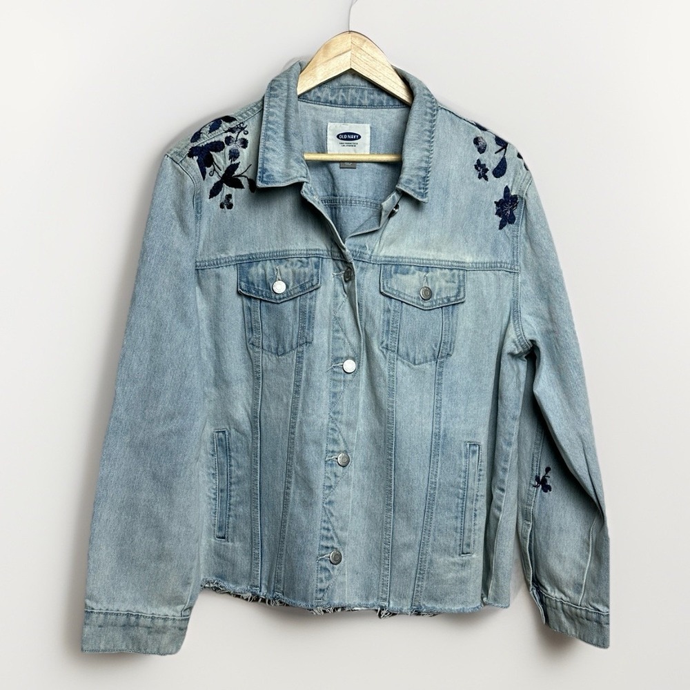 Old Navy Denim Jean Jacket Womens XXL Blue Embroidered Floral Raw Hem  Button Up